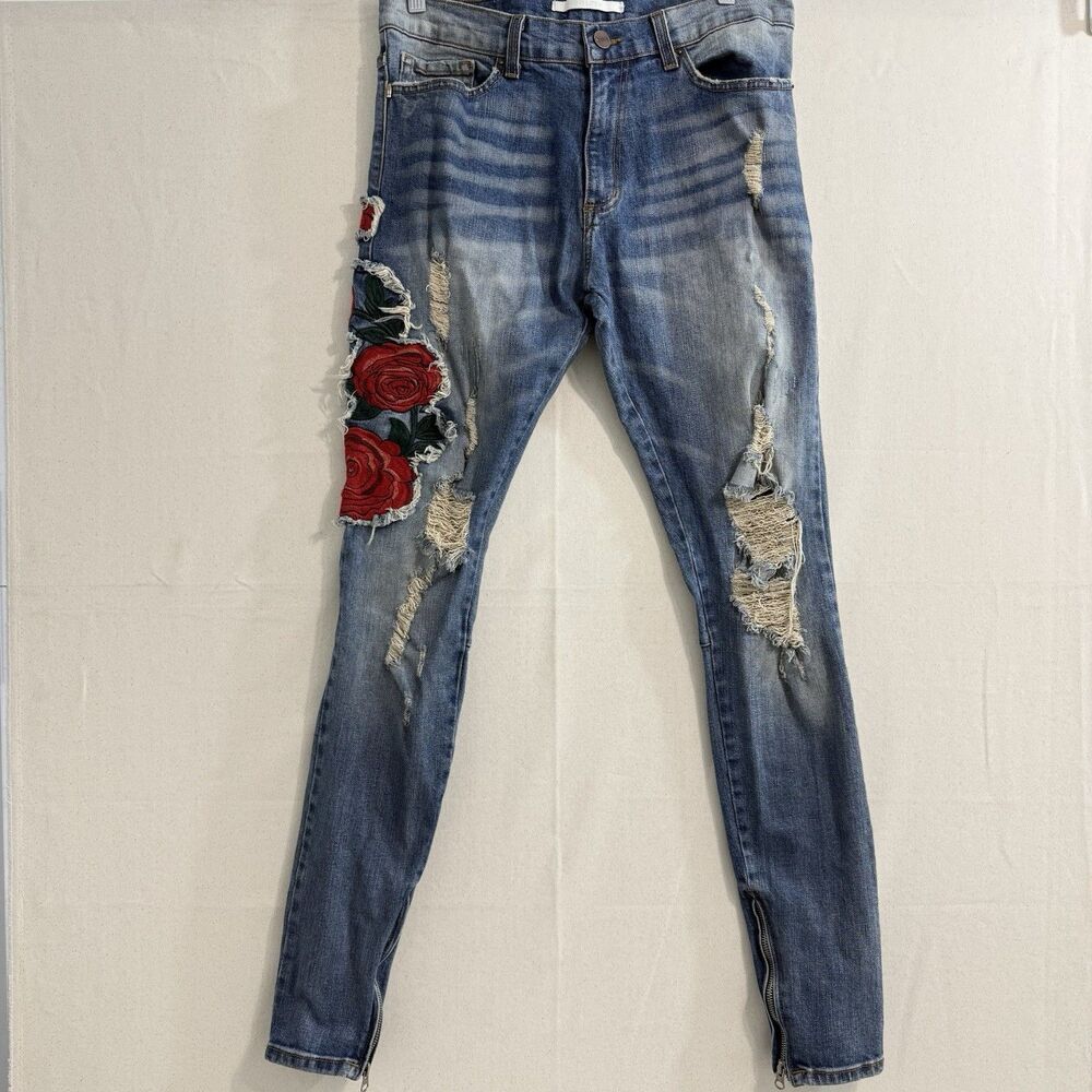 Men Golden Denim Stacked Hand Distressed Embroidered Jeans Men Size 34
